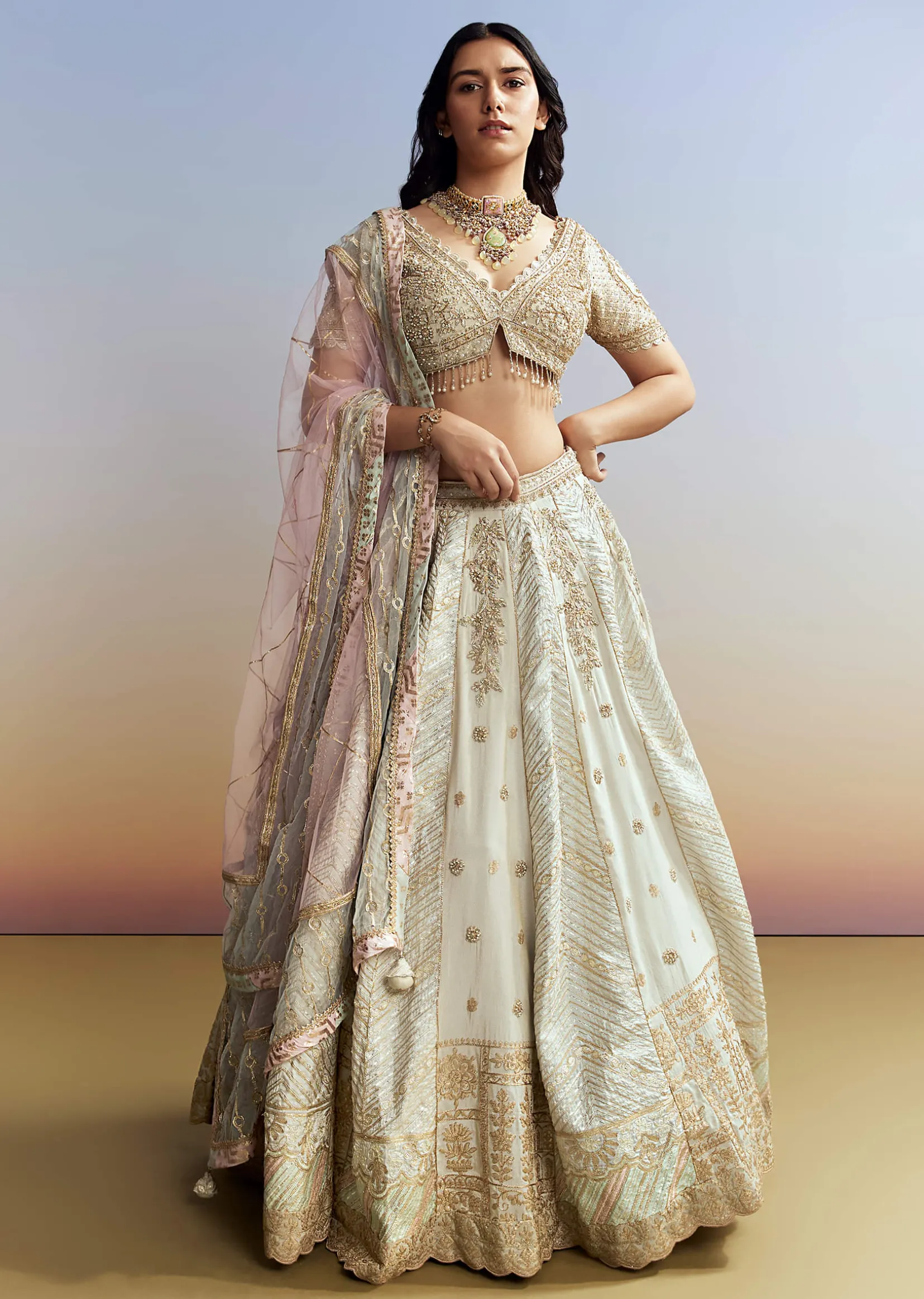 Mint Blue Tissue Embroidered Bridesmaid Lehenga
