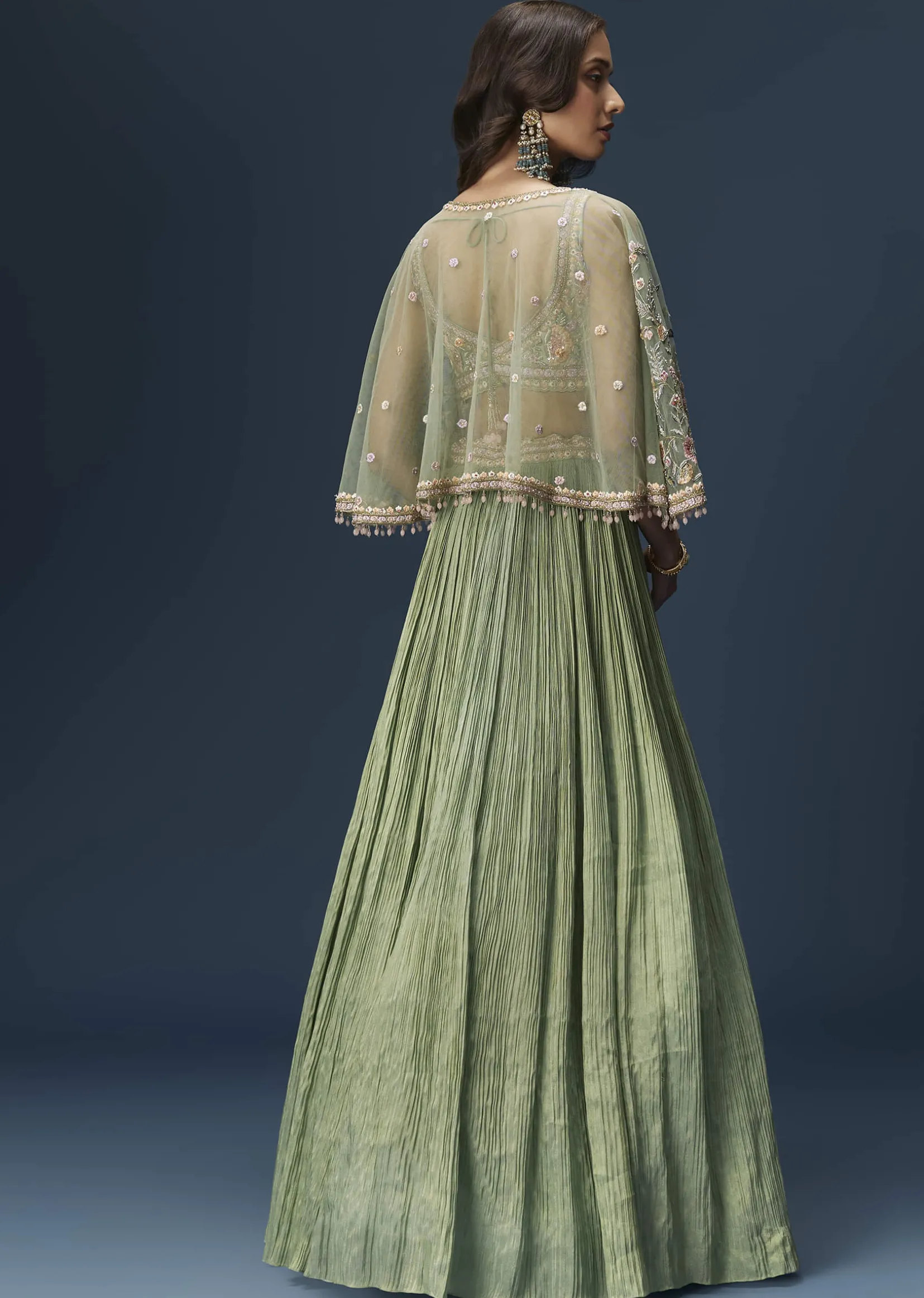 Mint Green Bridesmaid Lehenga With Embroidered Cape