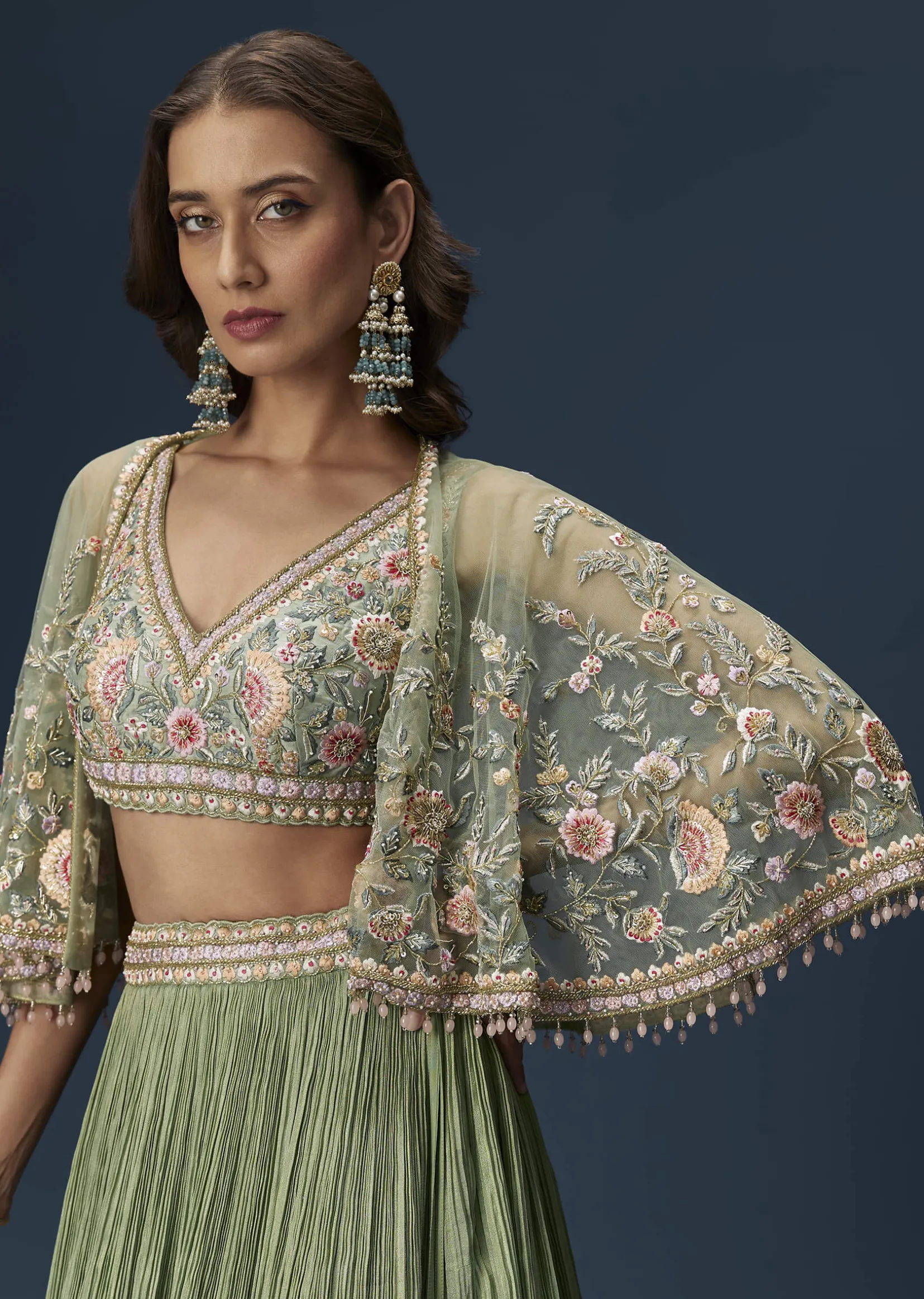 Mint Green Bridesmaid Lehenga With Embroidered Cape