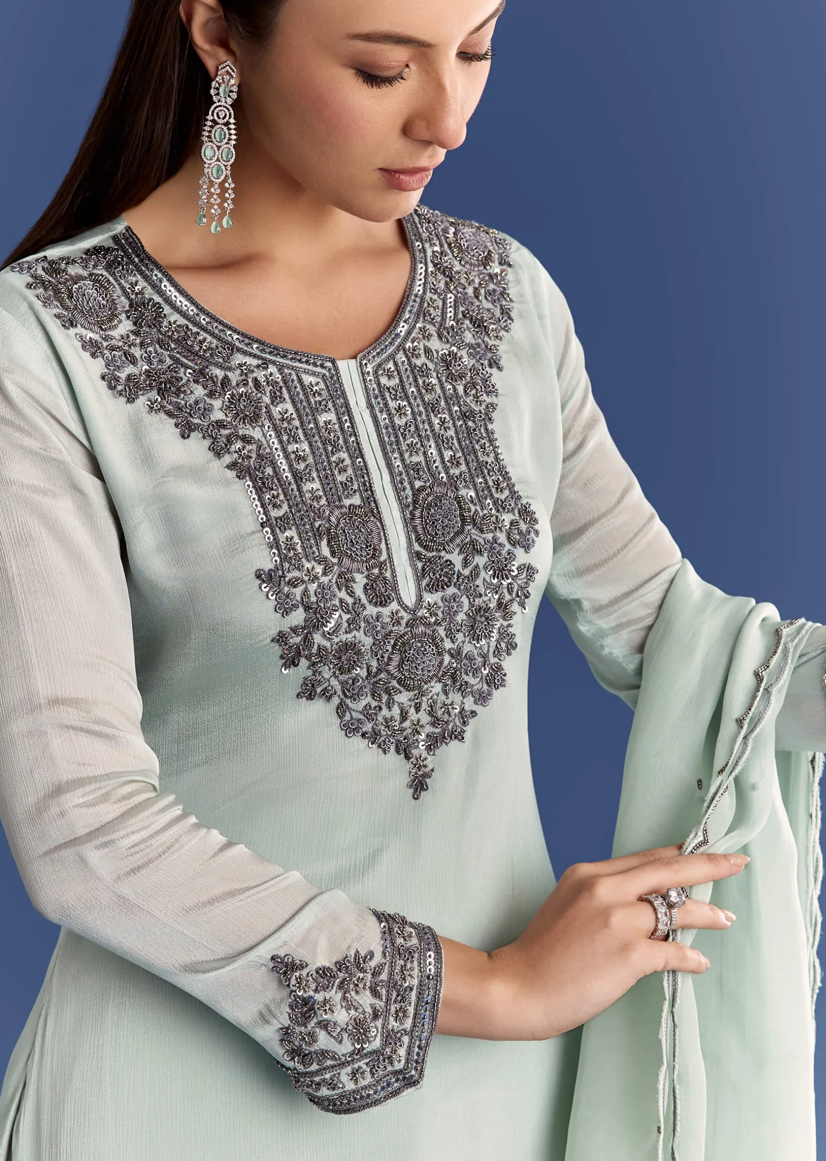 Mint Green Chinon Kurta Set With Beads And Ombre Dupatta