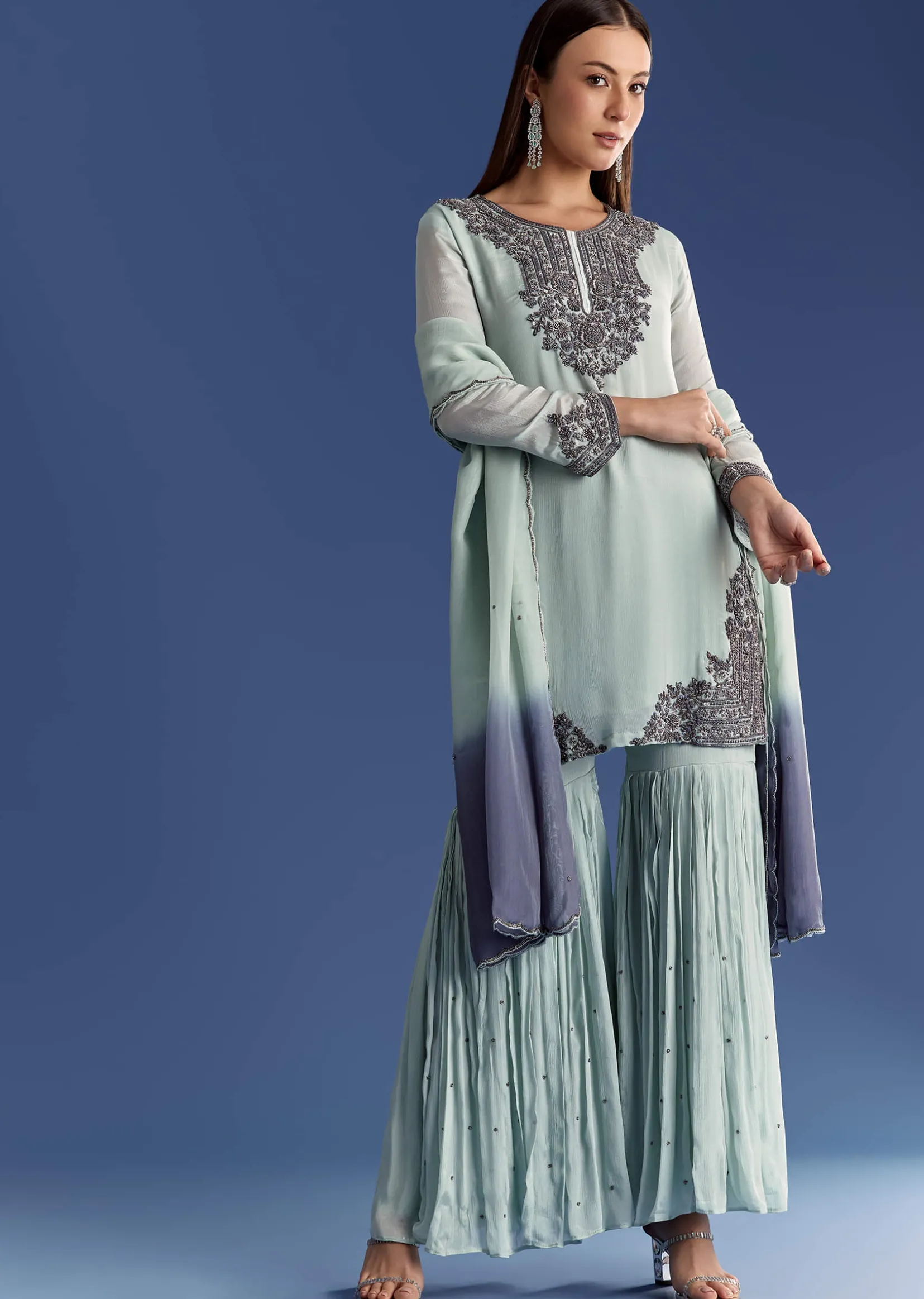 Mint Green Chinon Kurta Set With Beads And Ombre Dupatta