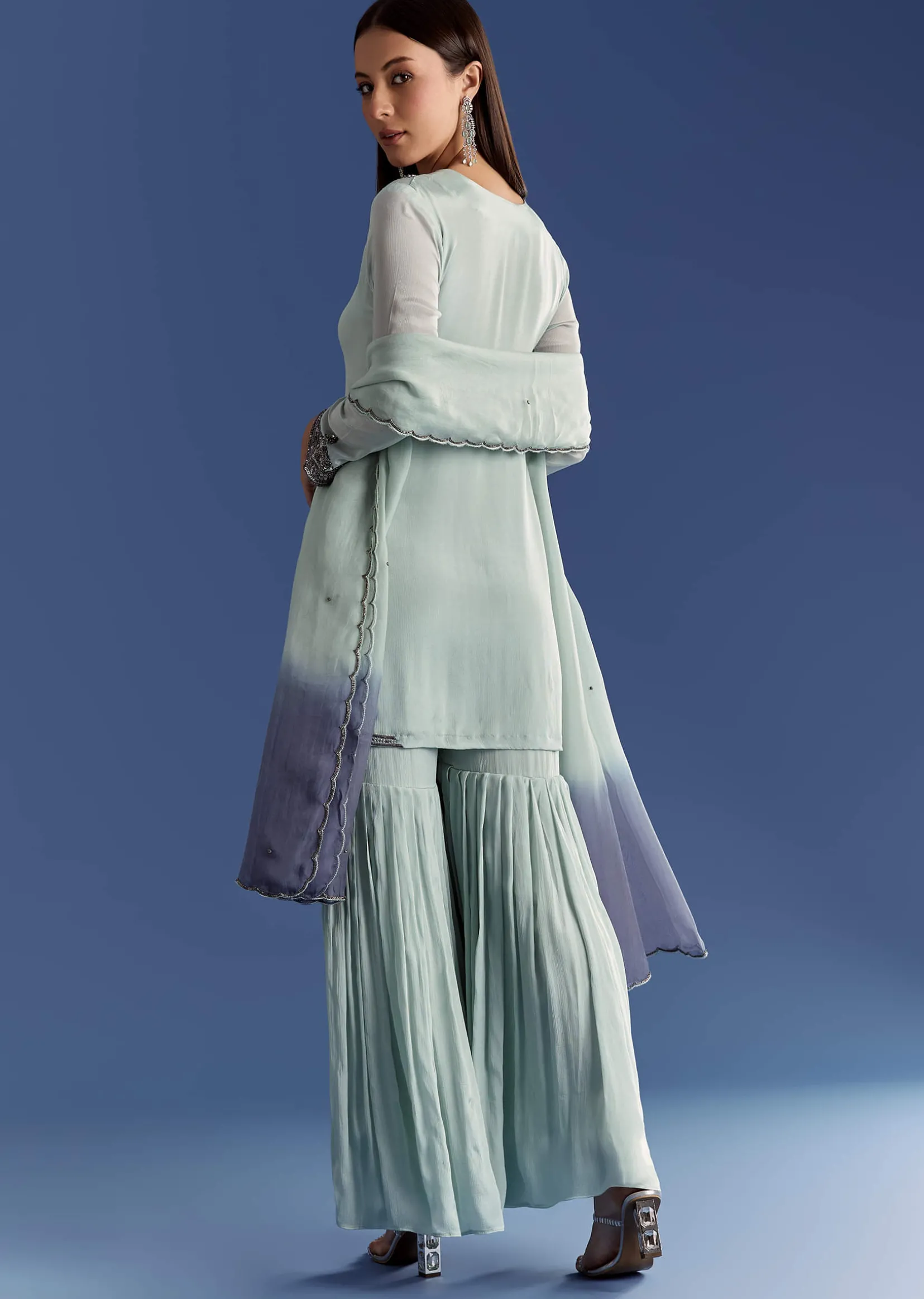 Mint Green Chinon Kurta Set With Beads And Ombre Dupatta