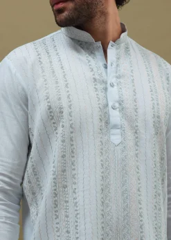 Mint Green Cotton Kurta Set With Resham Work For Men