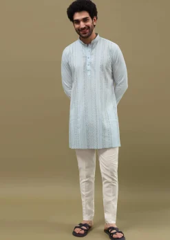 Mint Green Cotton Kurta Set With Resham Work For Men