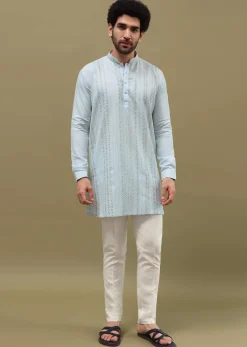 Mint Green Cotton Kurta Set With Resham Work For Men