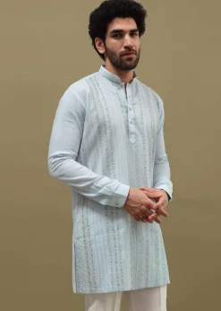 Mint Green Cotton Kurta Set With Resham Work For Men