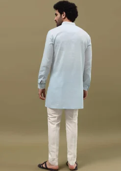 Mint Green Cotton Kurta Set With Resham Work For Men