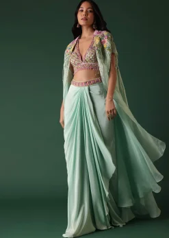 Mint Green Crepe Drape Skirt And Blouse Set With Cape