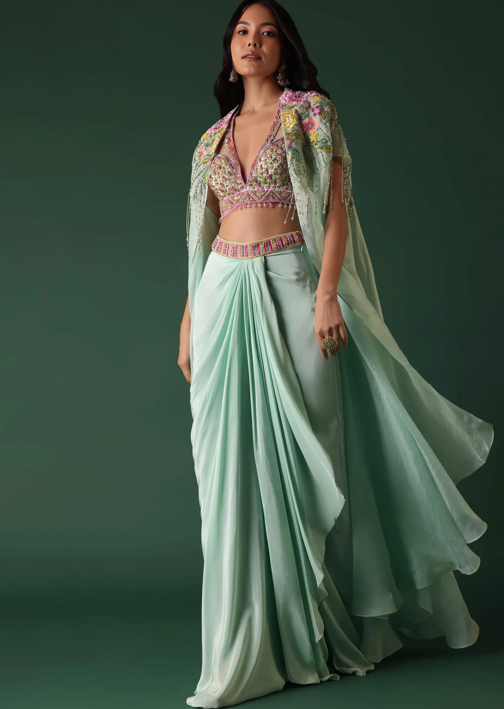 Mint Green Crepe Drape Skirt And Blouse Set With Cape
