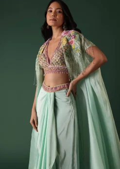 Mint Green Crepe Drape Skirt And Blouse Set With Cape