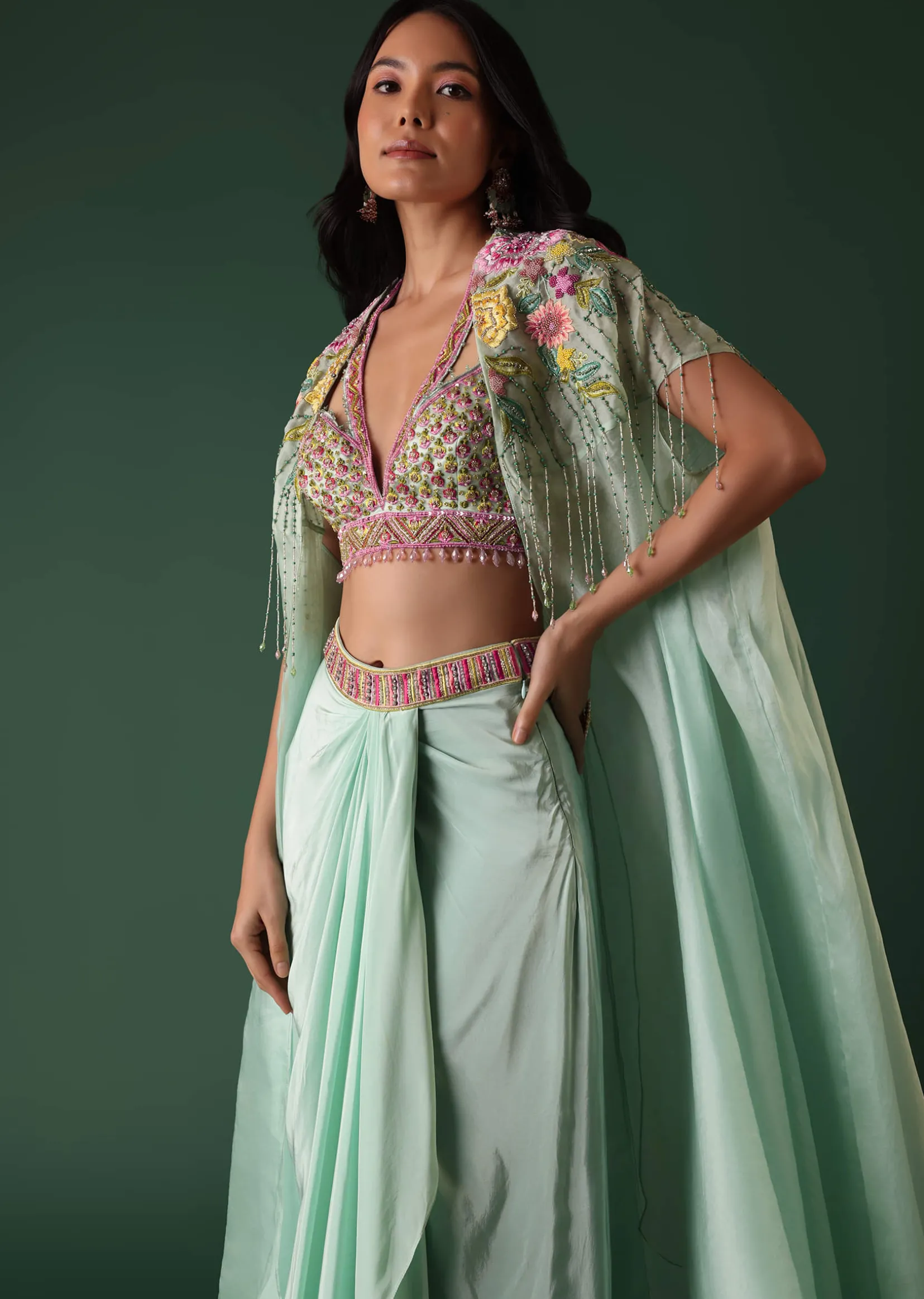 Mint Green Crepe Drape Skirt And Blouse Set With Cape