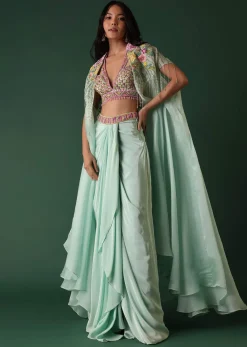 Mint Green Crepe Drape Skirt And Blouse Set With Cape