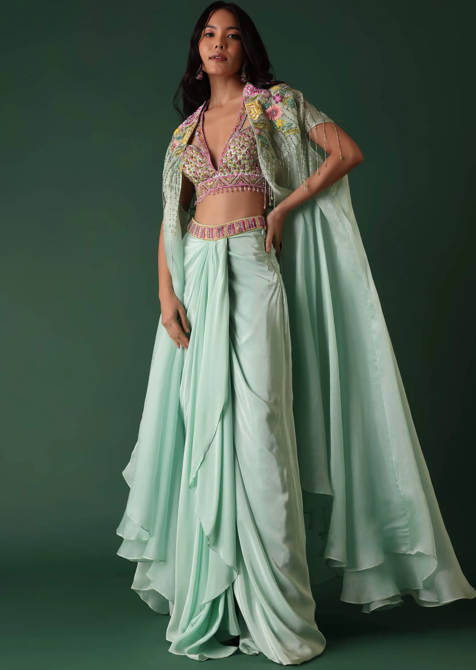 Mint Green Crepe Drape Skirt And Blouse Set With Cape