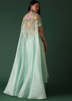 Mint Green Crepe Drape Skirt And Blouse Set With Cape
