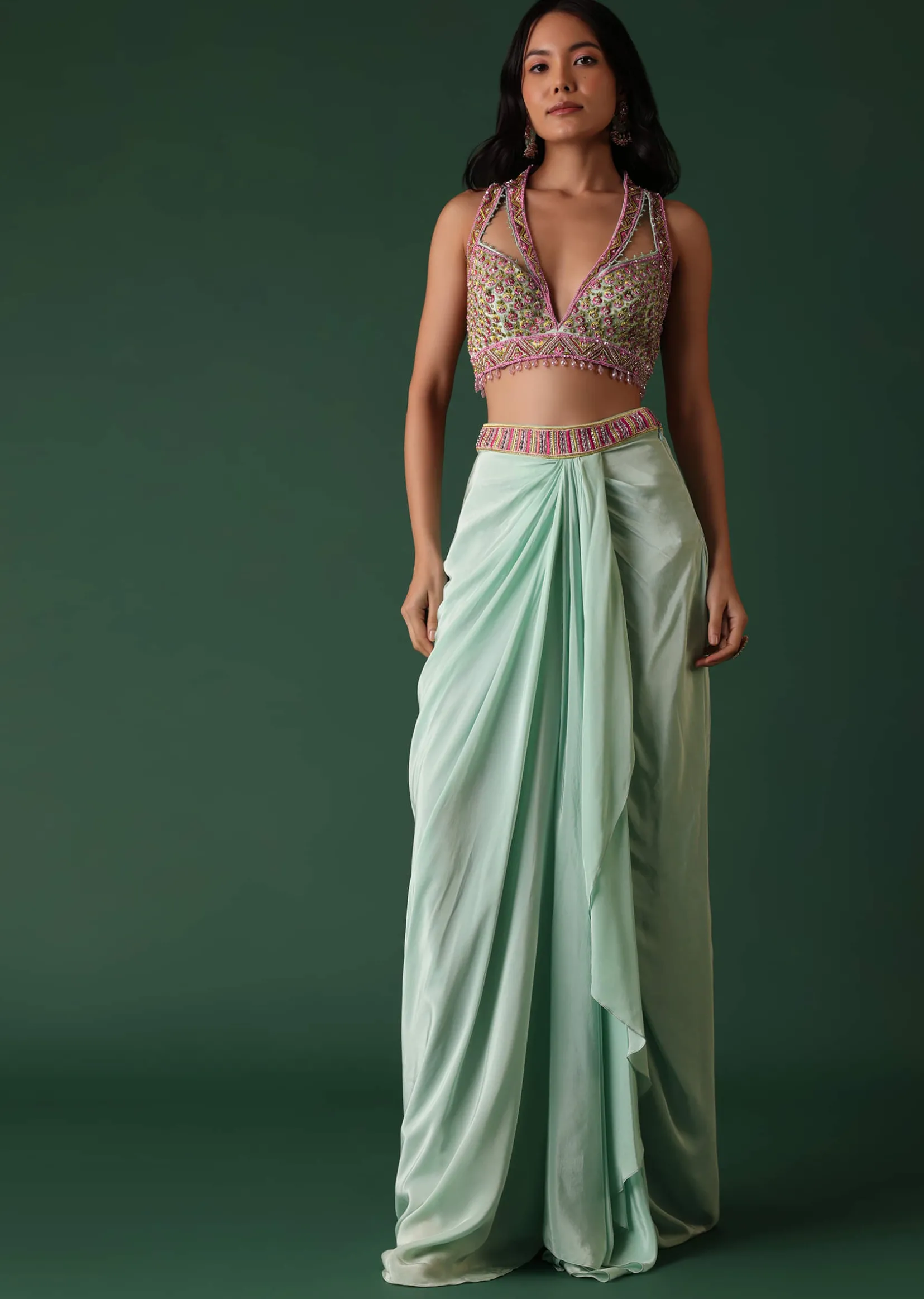 Mint Green Crepe Drape Skirt And Blouse Set With Cape