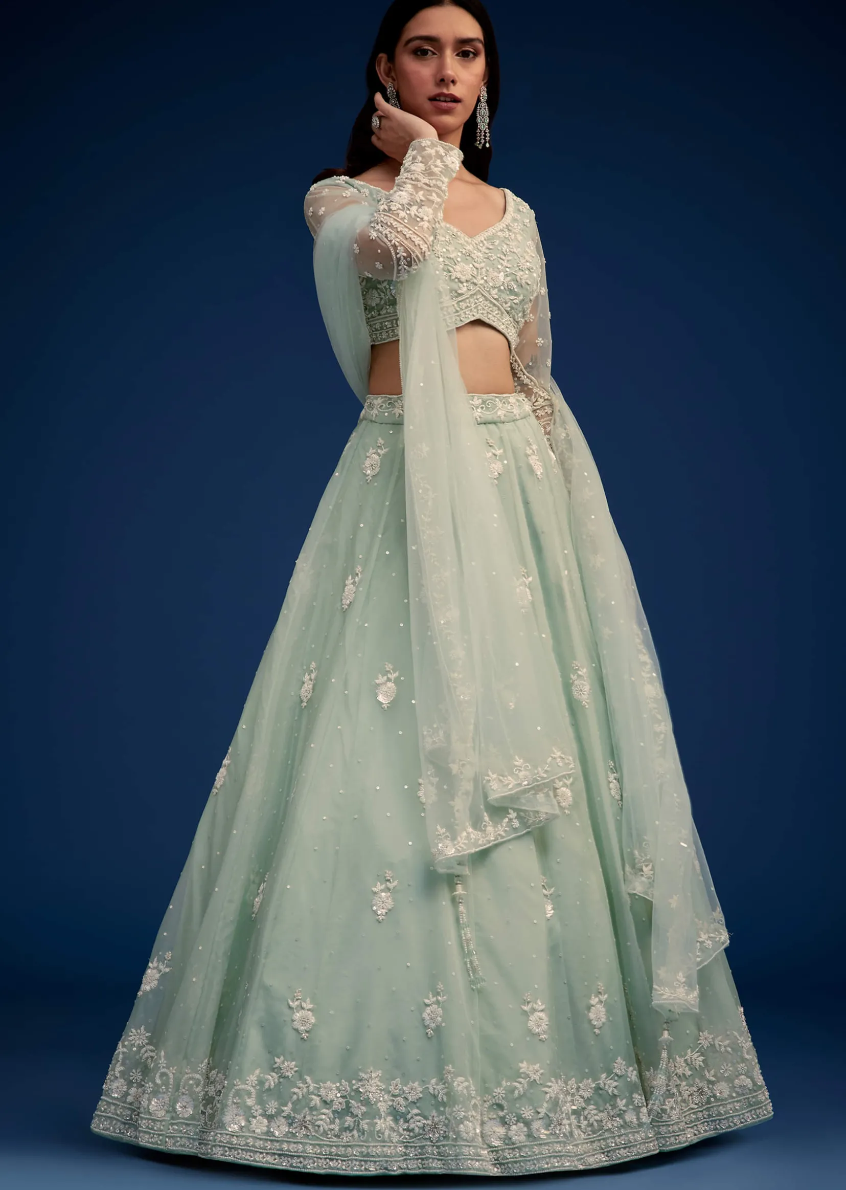 Mint Green Embroidered Lehenga Set