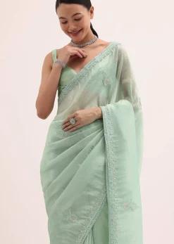 Mint Green Embroidered Satin Saree With Unstitched Blouse