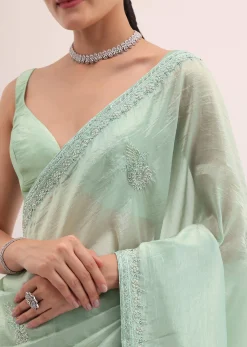 Mint Green Embroidered Satin Saree With Unstitched Blouse