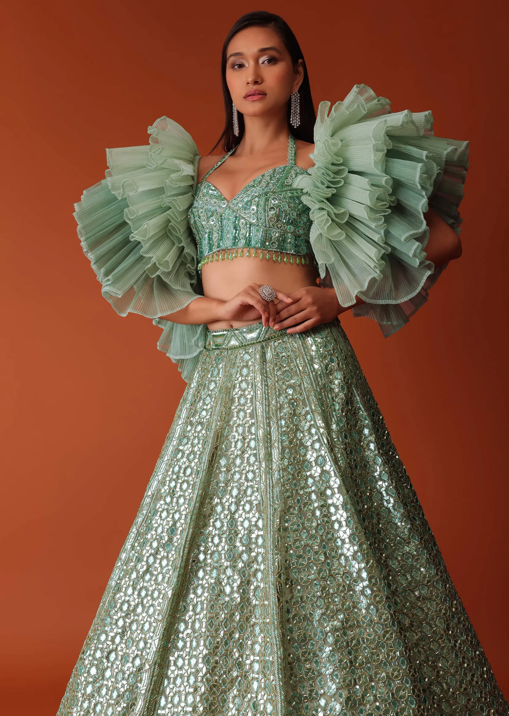 Mint Green Foil Embroidered Bridal Lehenga Set With Frilled Sleeve Blouse