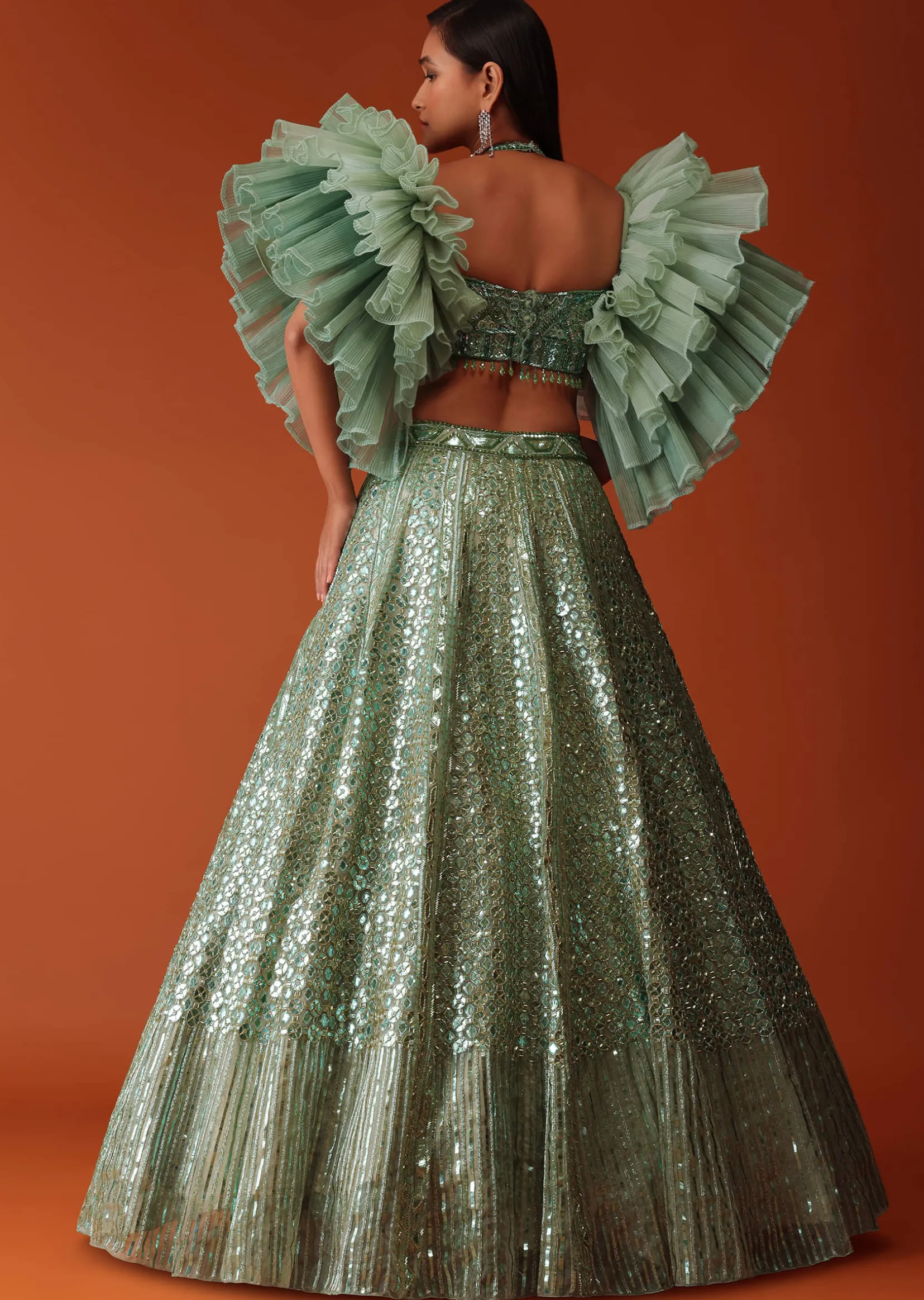 Mint Green Foil Embroidered Bridal Lehenga Set With Frilled Sleeve Blouse