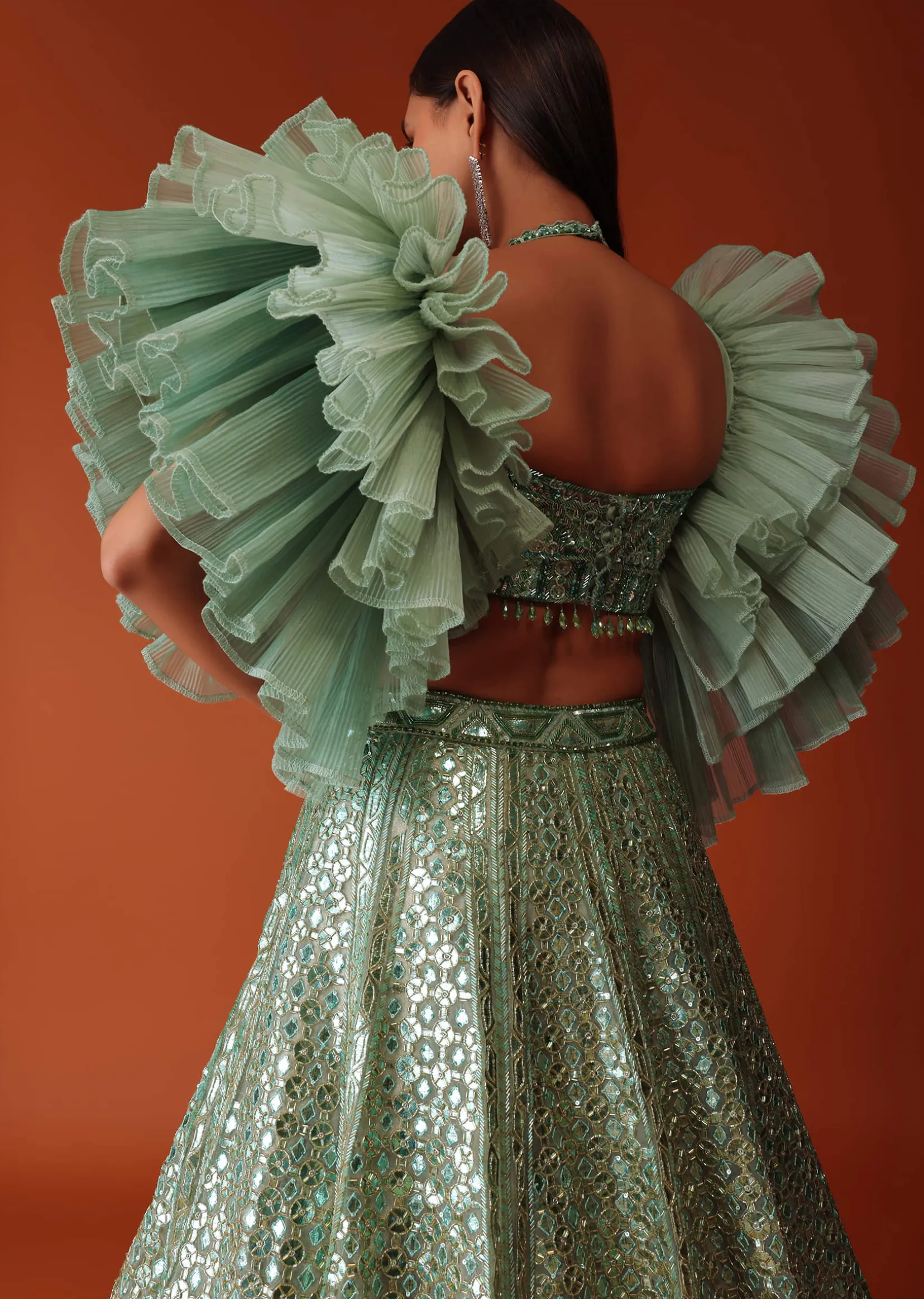 Mint Green Foil Embroidered Bridal Lehenga Set With Frilled Sleeve Blouse
