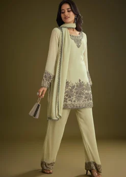 Mint Green Georgette Beads Kurta Set With Tassels Bordered Dupatta