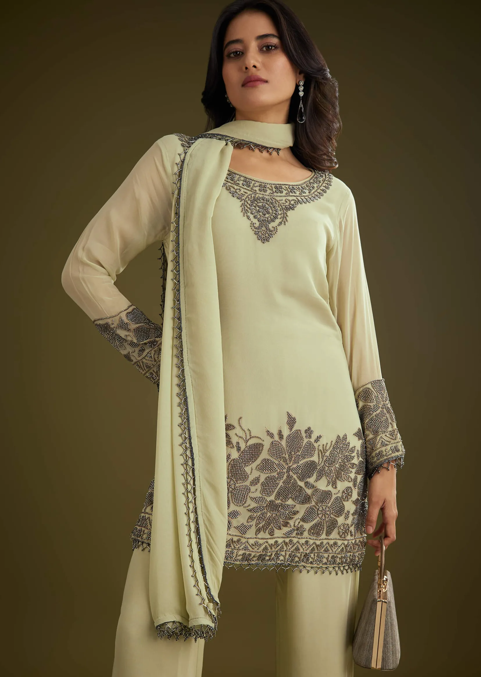 Mint Green Georgette Beads Kurta Set With Tassels Bordered Dupatta