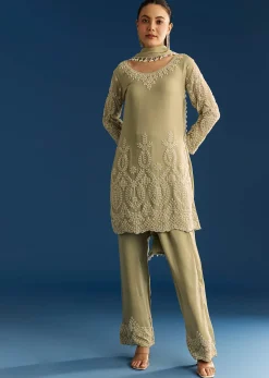 Mint Green Georgette Kurta Set With Beaded Tassel Dupatta