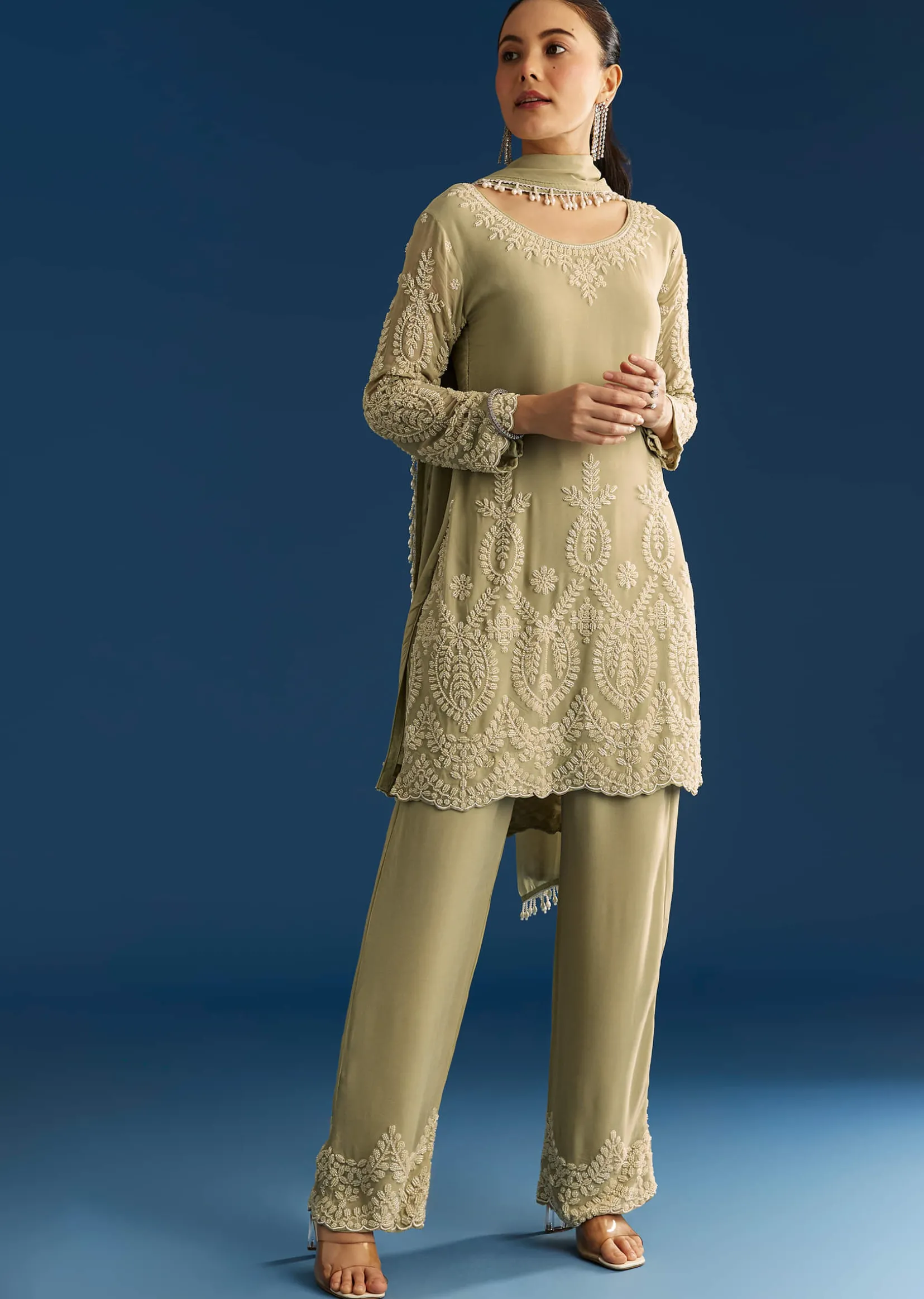 Mint Green Georgette Kurta Set With Beaded Tassel Dupatta