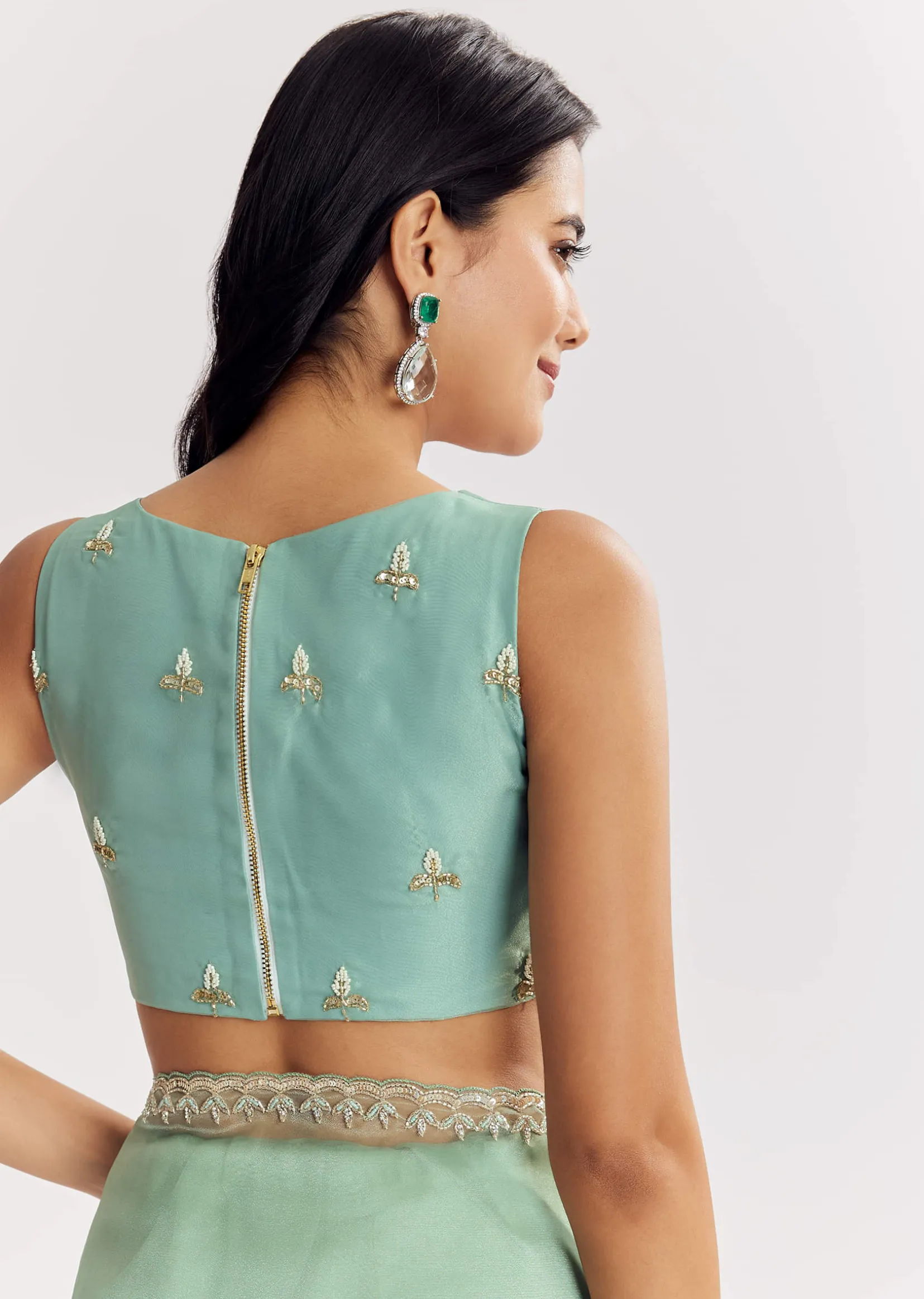 Mint Green Glass Tissue Saree With Cutdana And Sequins Embroidery