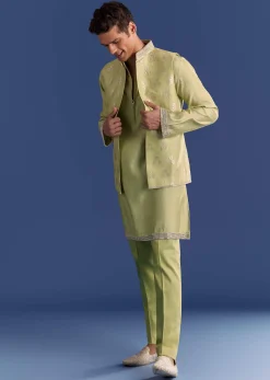 Mint Green Munga Silk Kurta Jacket Set With Hand Embroidery