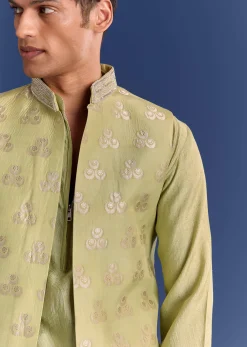 Mint Green Munga Silk Kurta Jacket Set With Hand Embroidery