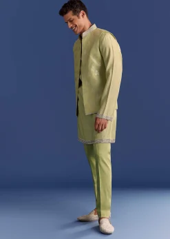 Mint Green Munga Silk Kurta Jacket Set With Hand Embroidery