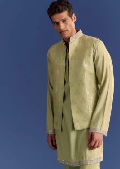Mint Green Munga Silk Kurta Jacket Set With Hand Embroidery