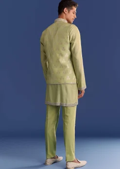 Mint Green Munga Silk Kurta Jacket Set With Hand Embroidery
