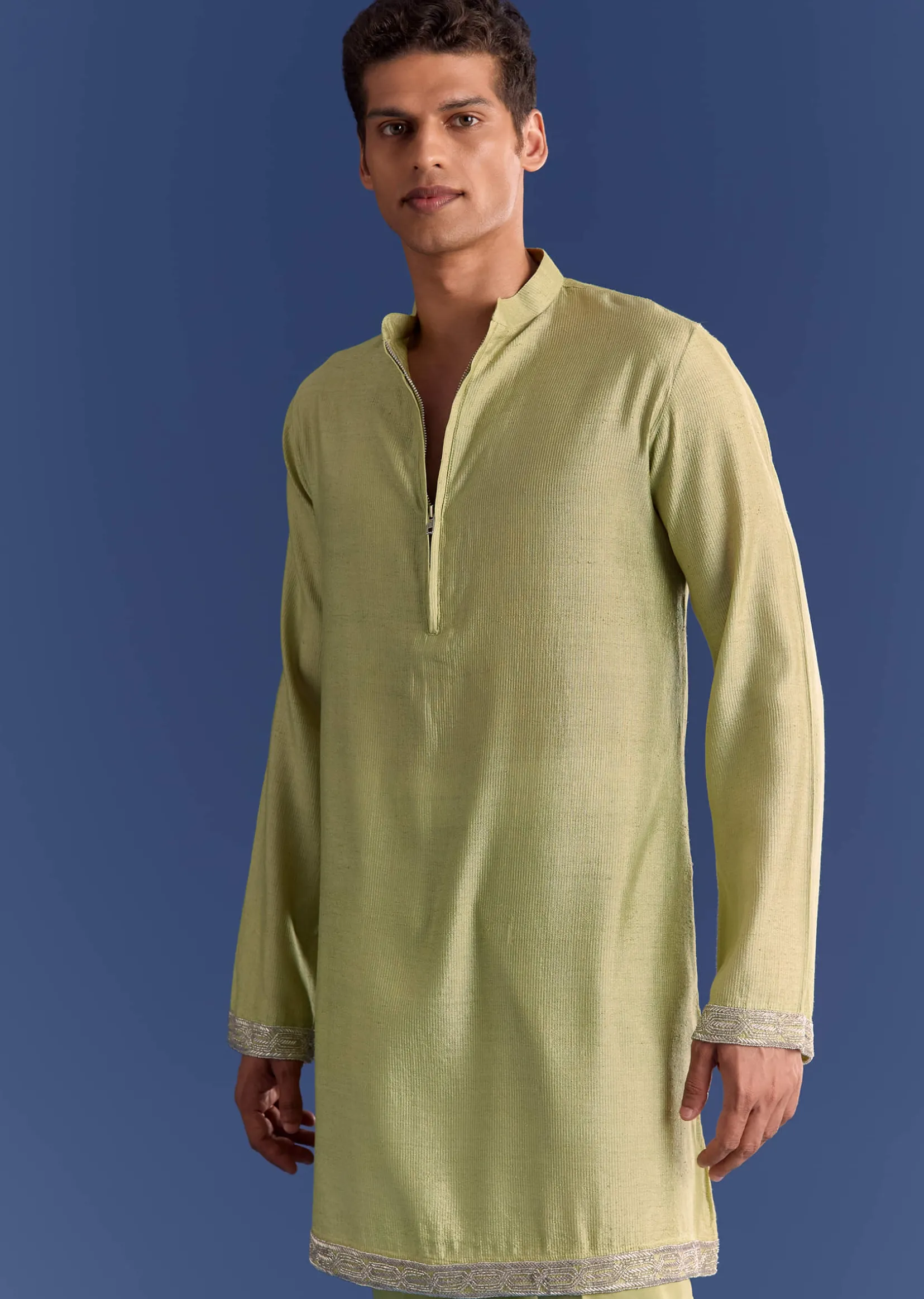 Mint Green Munga Silk Kurta Jacket Set With Hand Embroidery