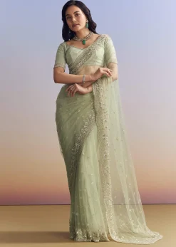 Mint Green Net Saree With Scallop Border And Heavy Embroidery