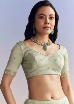 Mint Green Net Saree With Scallop Border And Heavy Embroidery