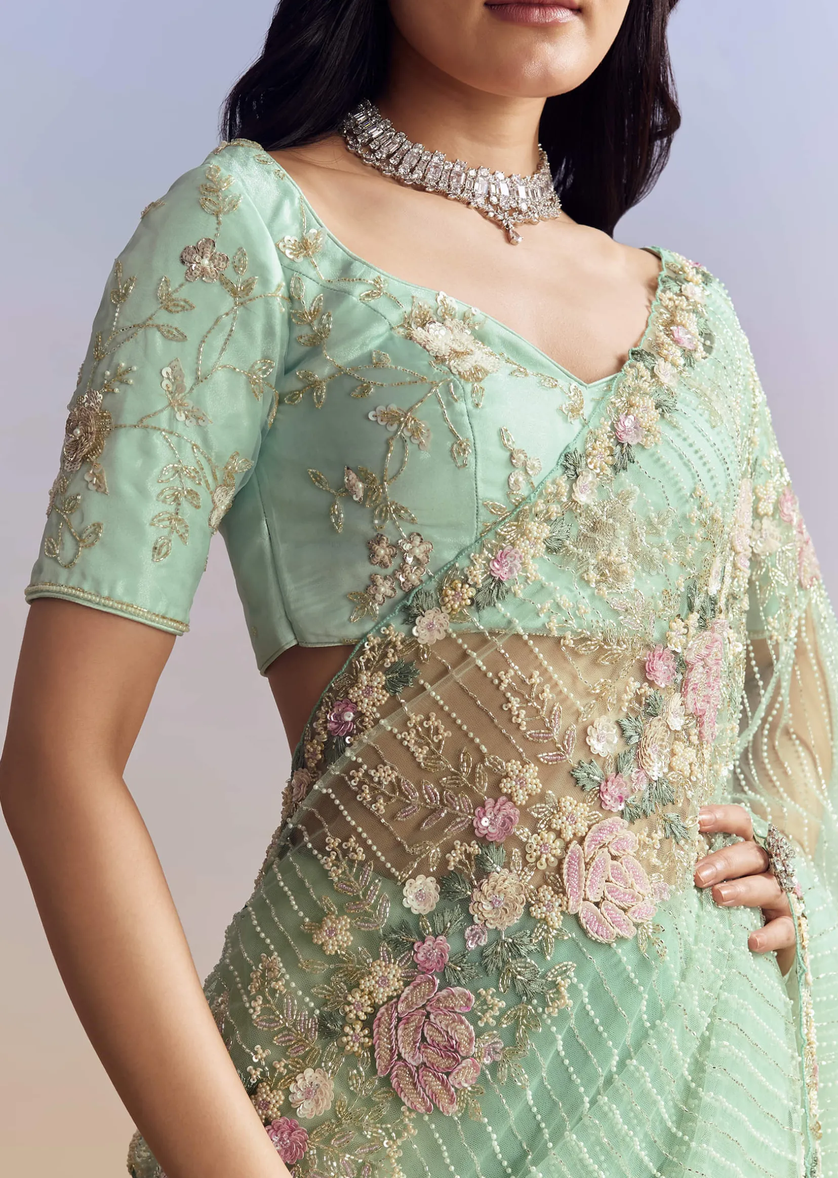 Mint Green Net Saree With Heavily Embroidered Border