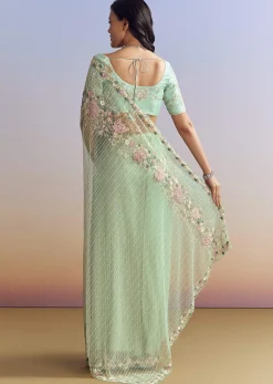 Mint Green Net Saree With Heavily Embroidered Border