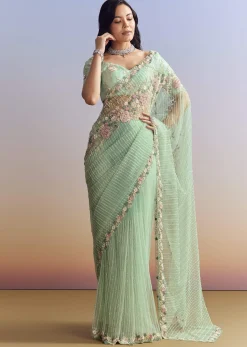 Mint Green Net Saree With Heavily Embroidered Border