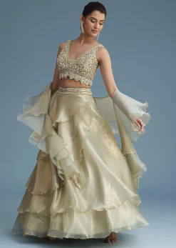 Mint Green Organza Layered Lehenga Set