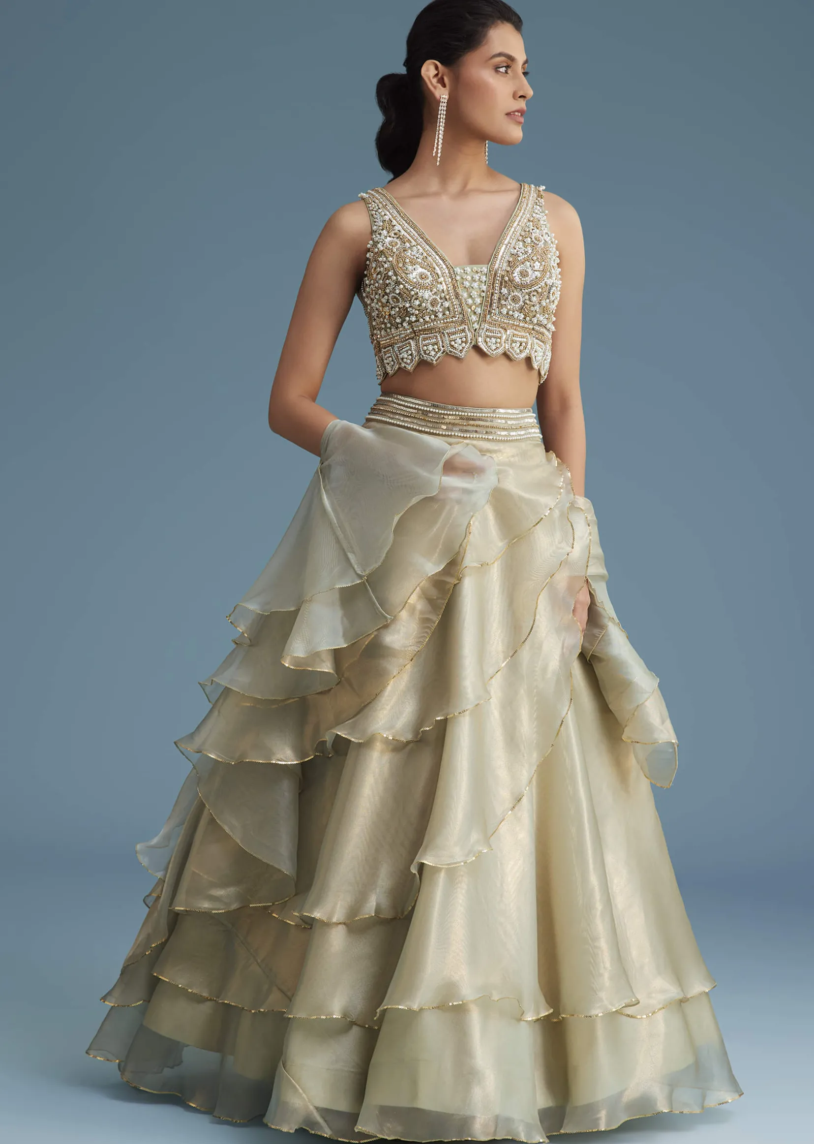 Mint Green Organza Layered Lehenga Set