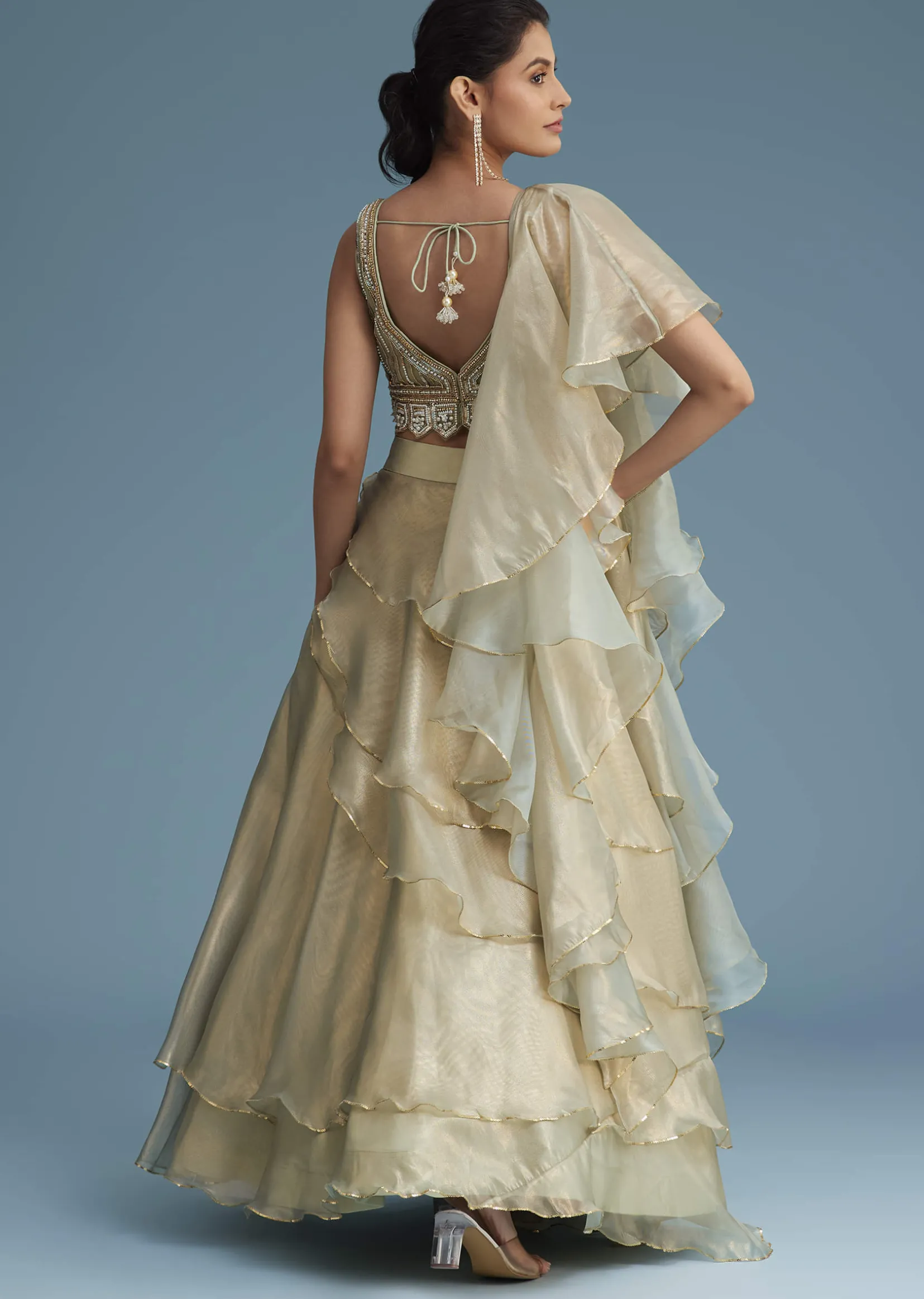 Mint Green Organza Layered Lehenga Set