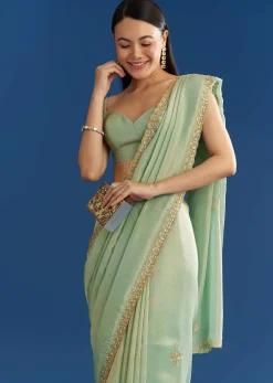 Mint Green Organza Tissue Saree With Subtle Embroidery