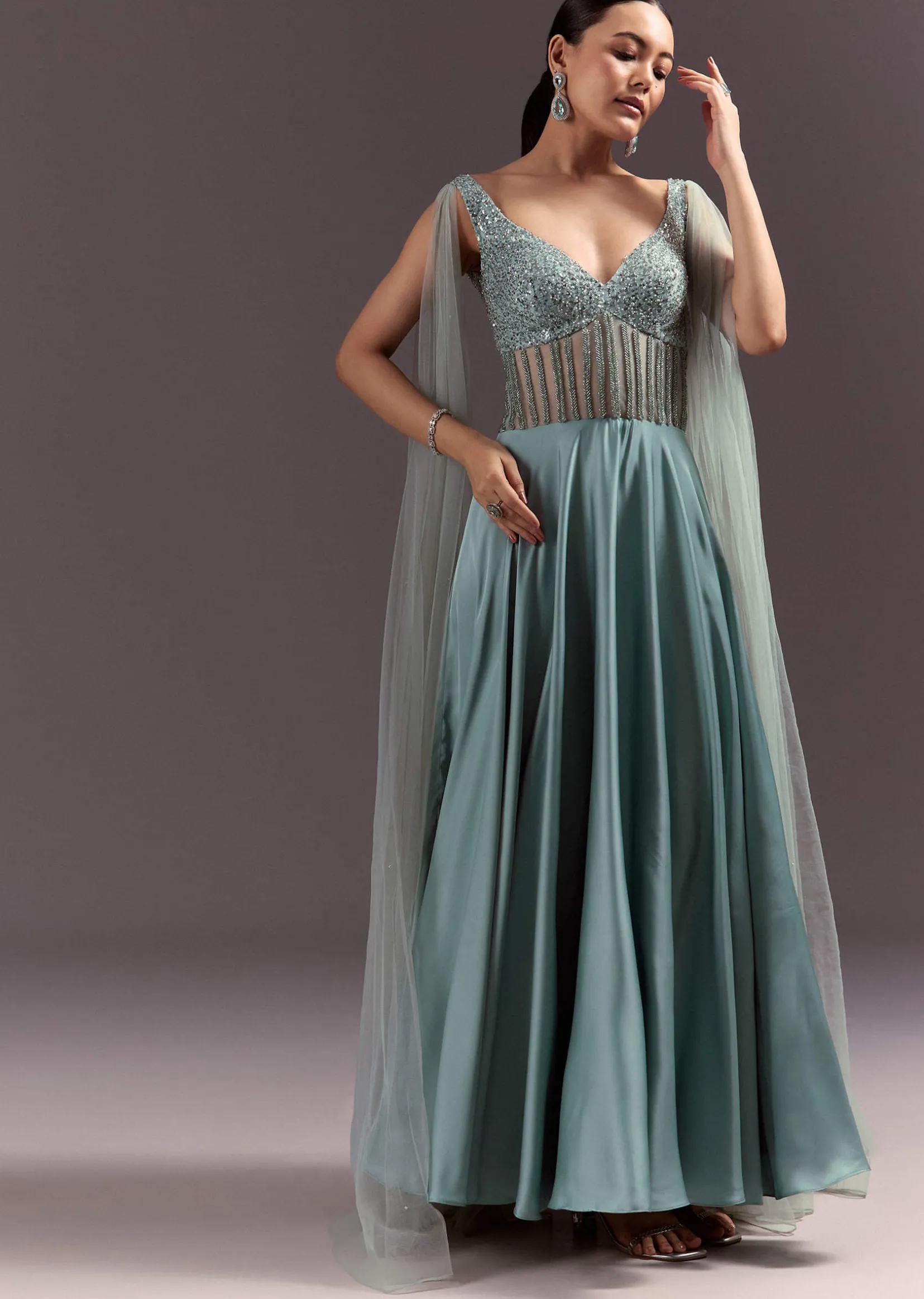 Mint Green Satin Gown With Corset Style Embroidered Bodice