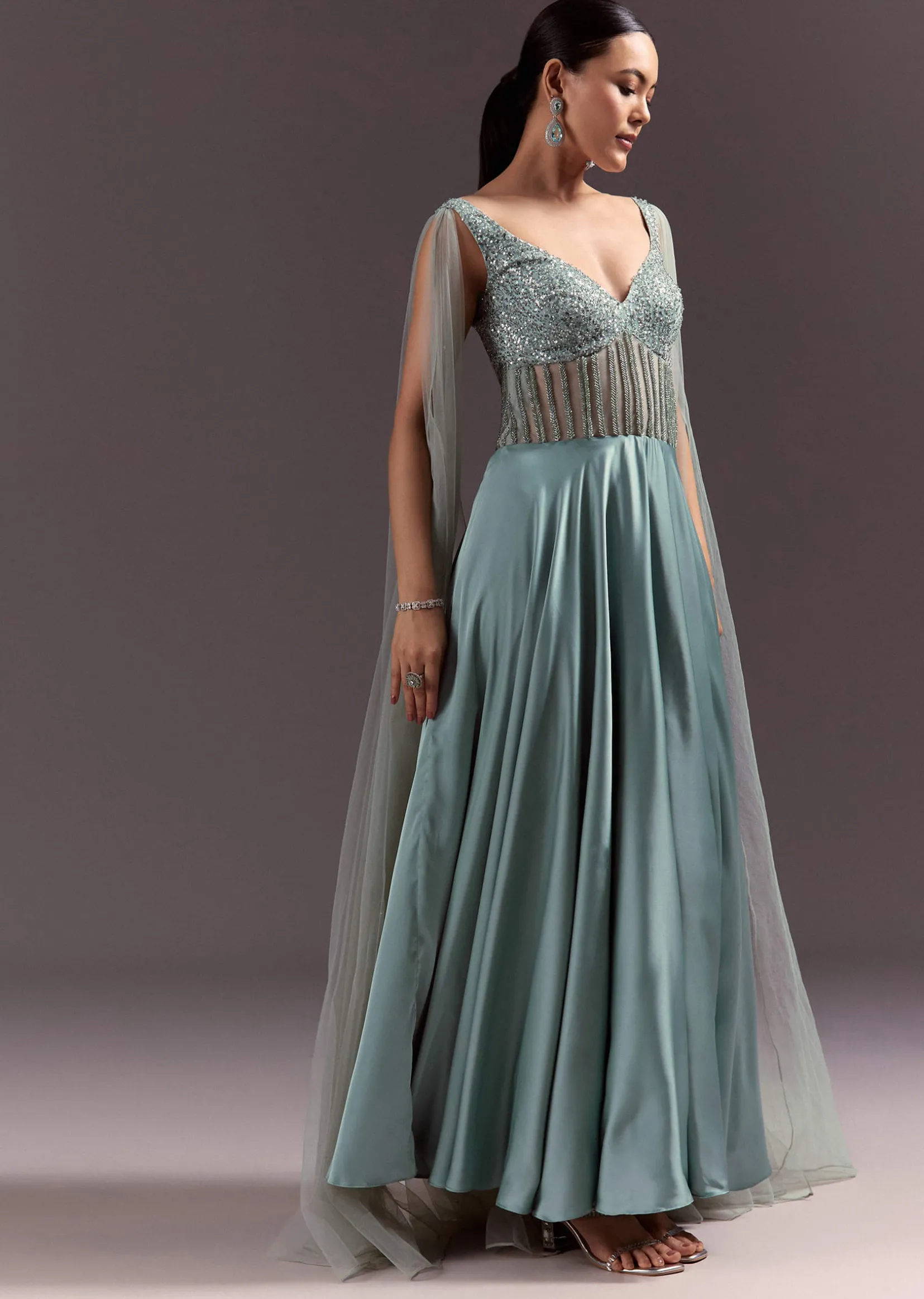 Mint Green Satin Gown With Corset Style Embroidered Bodice