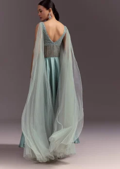 Mint Green Satin Gown With Corset Style Embroidered Bodice