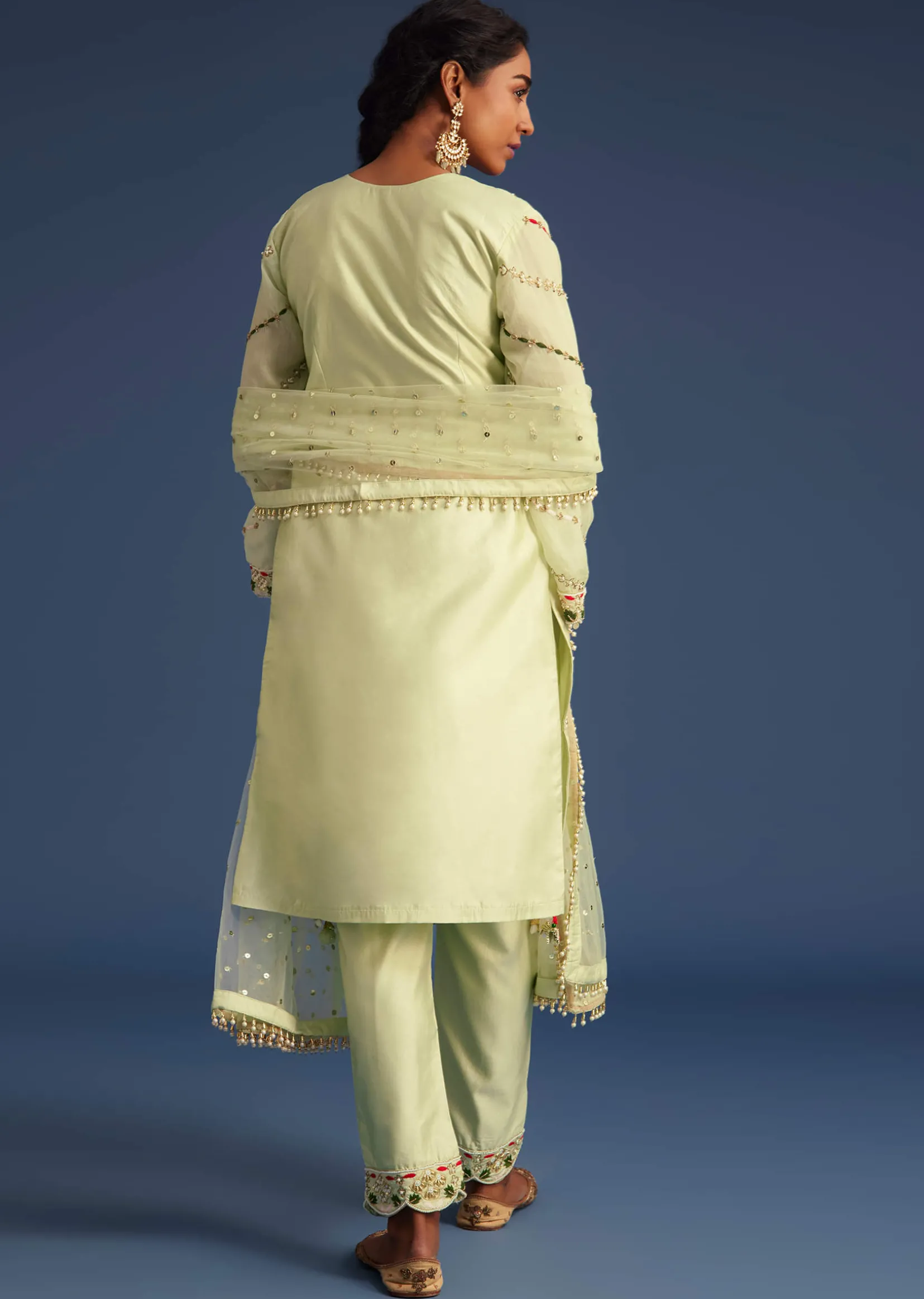Mint Green Silk Kurta Set With Embroidery