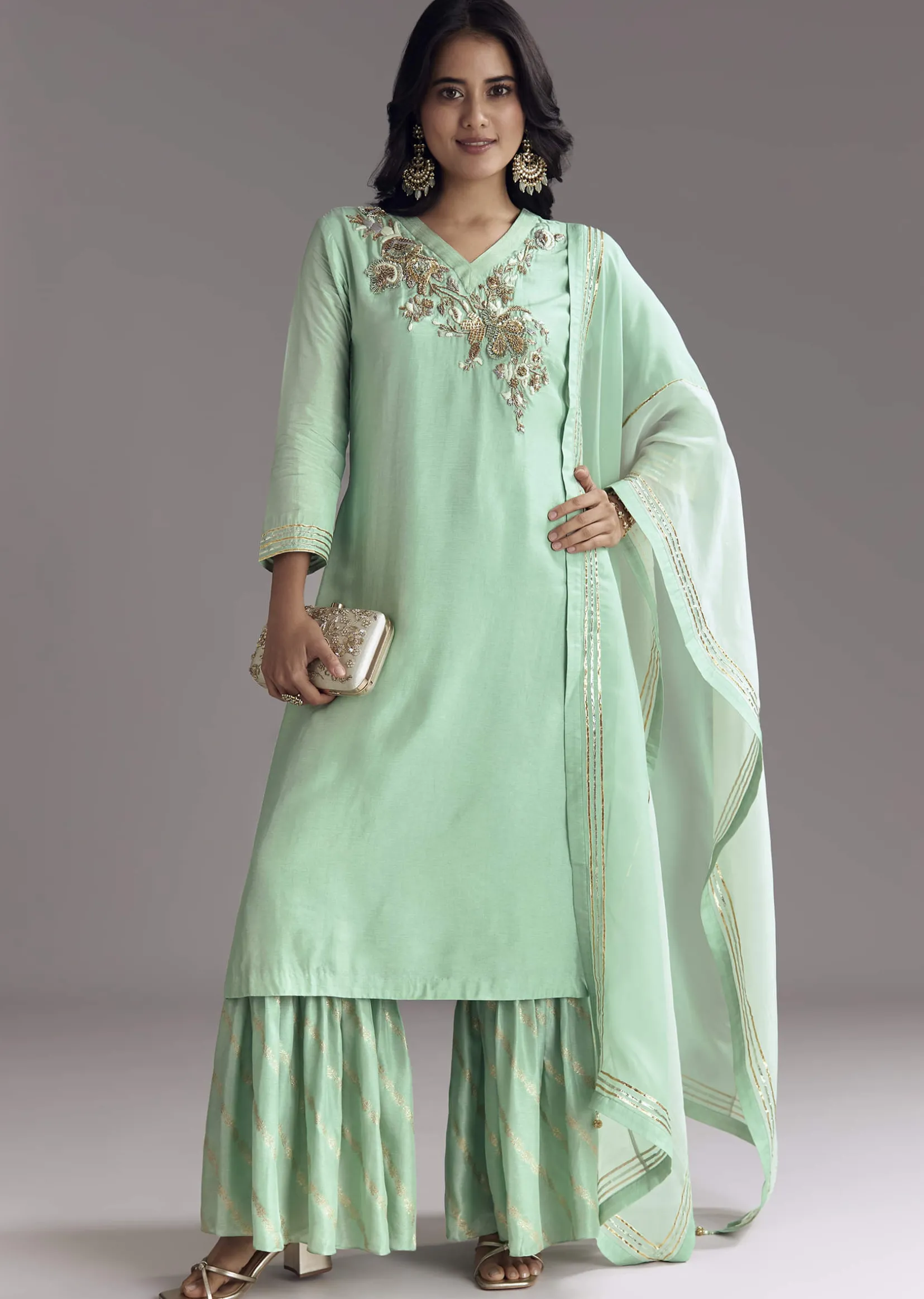 Mint Green Silk Kurta Sharara Set With Gotta Work